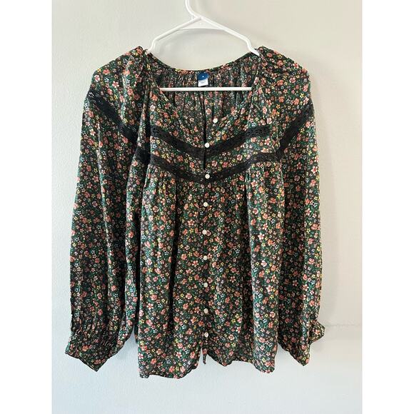 Old Navy Top Women's Medium Floral Cottagecore Boho Bohemian Blouse Button Down - Picture 1 of 7
